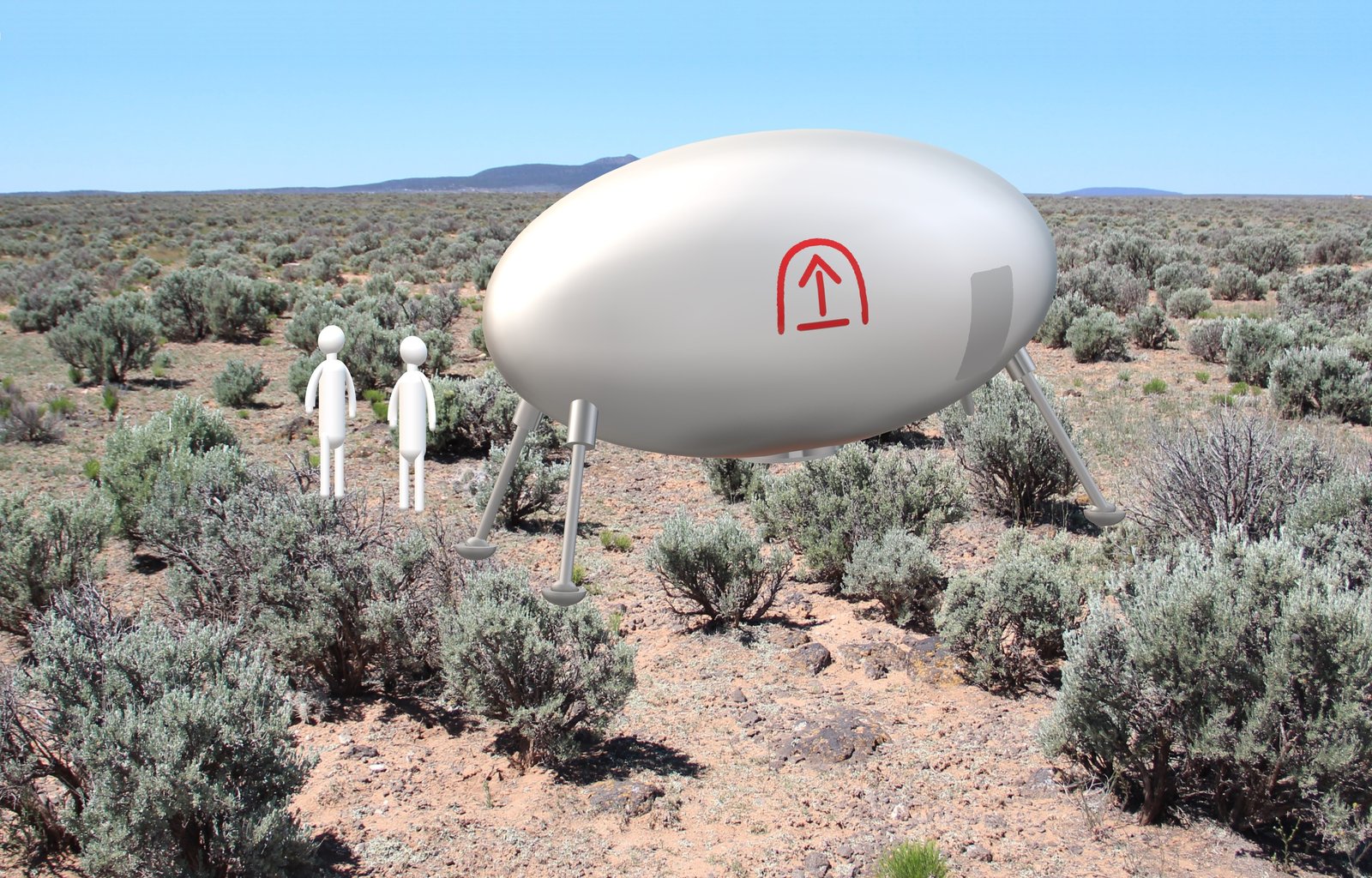 Modern illustrated reconstruction of the egg-shaped craft Officer Lonnie Zamora reported seeing on scrub land outside Socorro, New Mexico, April 24, 1964, composited onto the actual site.
